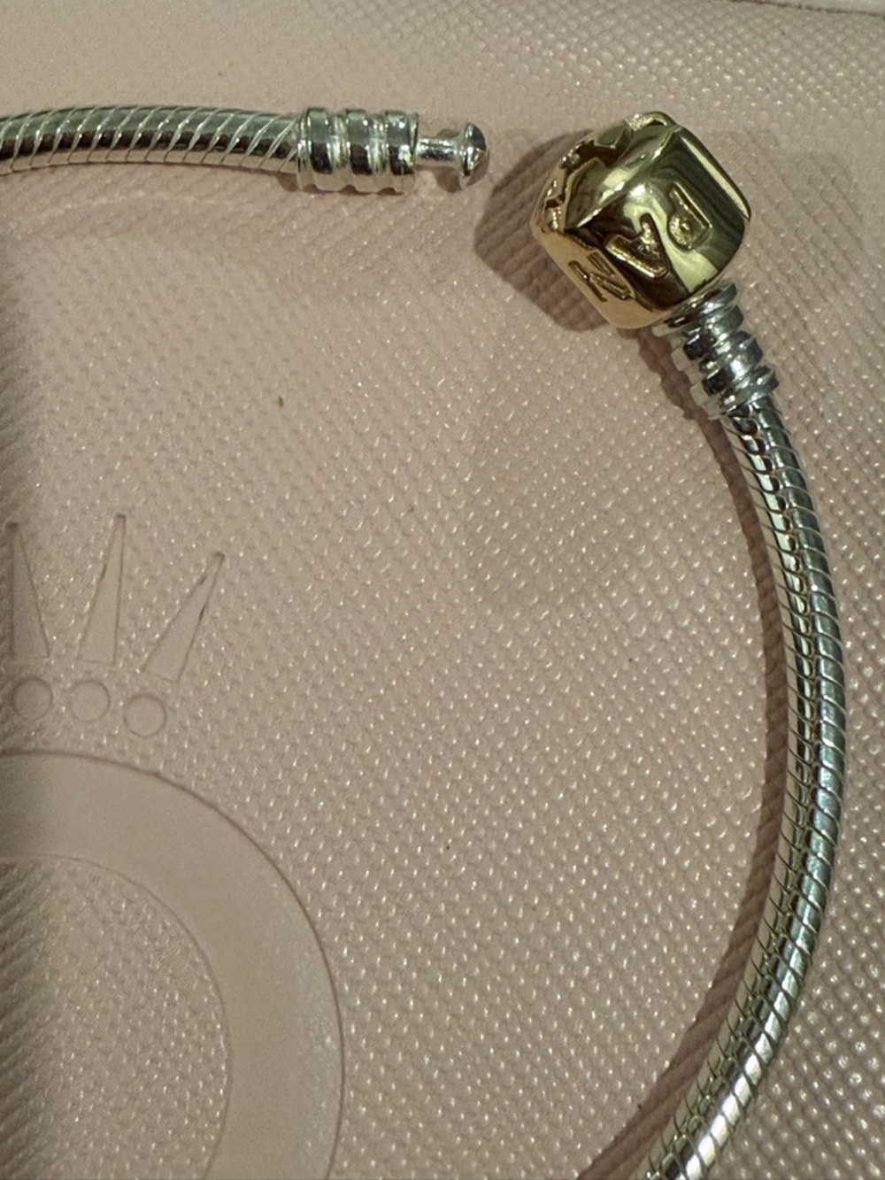 Authentic Pandora snake chain bracelet with 14k solid gold barrel clasp